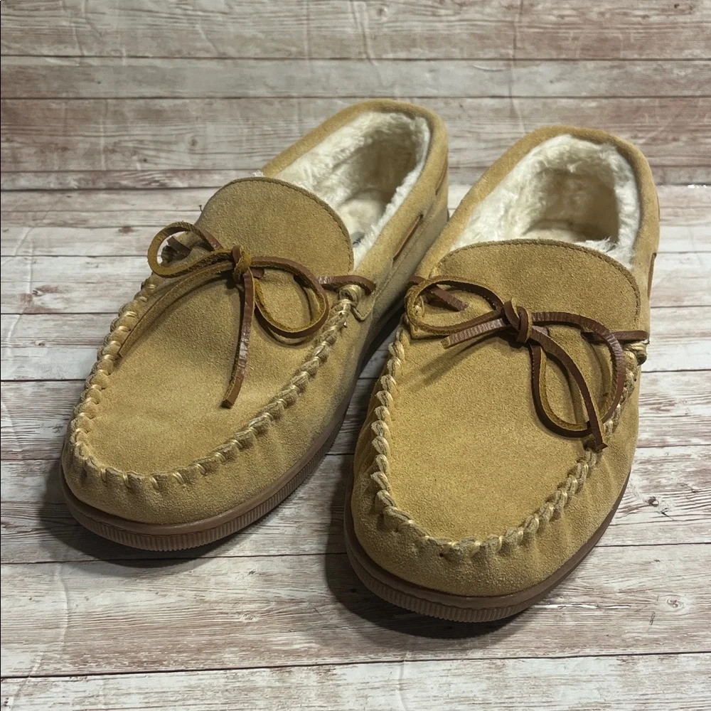 Minnetonka Pile Lined Hard Sole Men's Tan Suede Loafers Slippers 13W